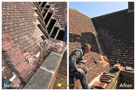 Two-panel comparison of tiled roof-valley work with exposed battens and replacement tiles.